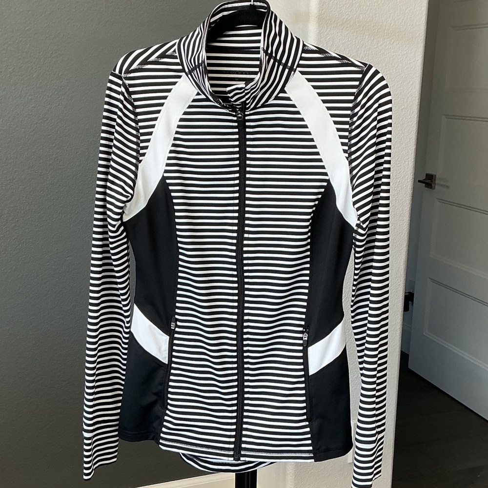 Striped Black and White Women's Athleisure Zip Jacket